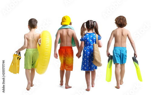 Canvas Print Children in beachwear walking on white background, back view