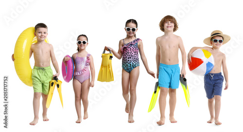 Konstfotografi Group of kids in beachwear walking on white background