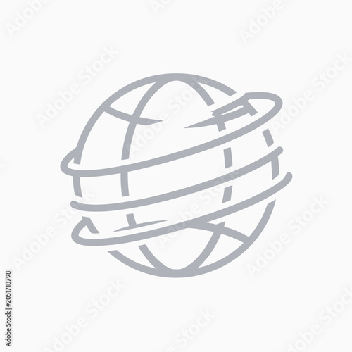 Gray globe with orbiting rings.