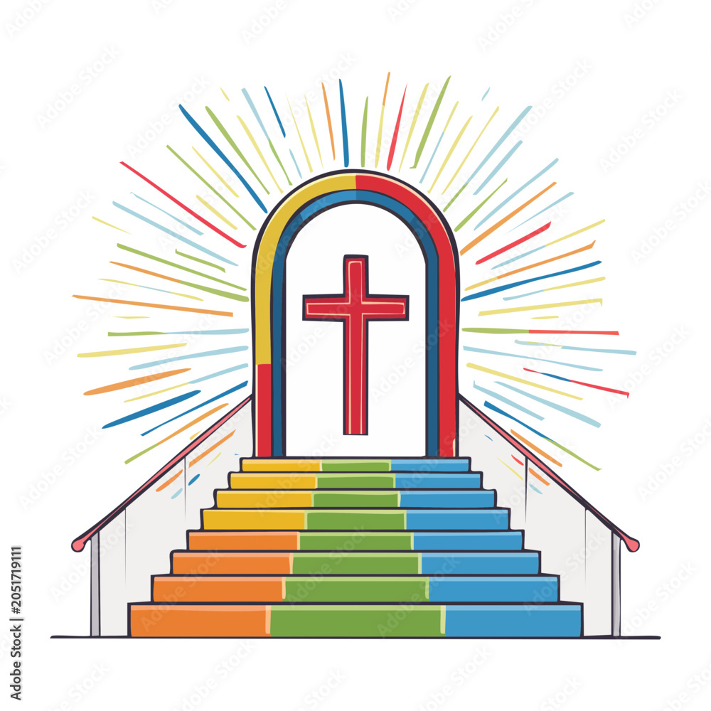 Fototapeta premium Christian cross above rainbow stairs and archway with light rays