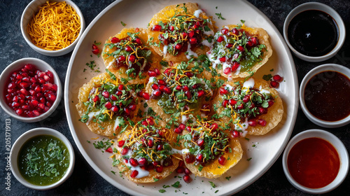 Sev puri indian street food appetizer with pomegranate