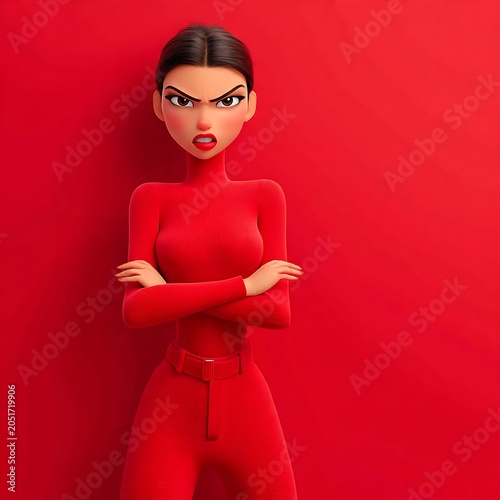 Angry 3D animated woman standing with crossed arms. Fierce girl avatar in a sleek outfit on a vibrant red copy space background.