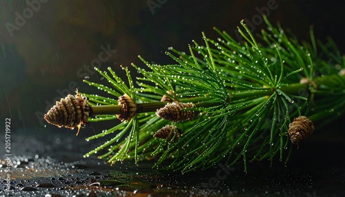 Close-up of a vibrant green sprig, covered in glistening water droplets, with a dark, wet surface. Several brown seed cones are attached