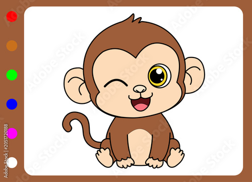 Cute  Monkey Cartoon Mascot Winking Coloring Book Vector Illustration
