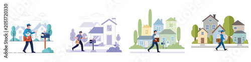 Tableau sur toile Set of postman characters delivering mail to suburban houses illustration collec