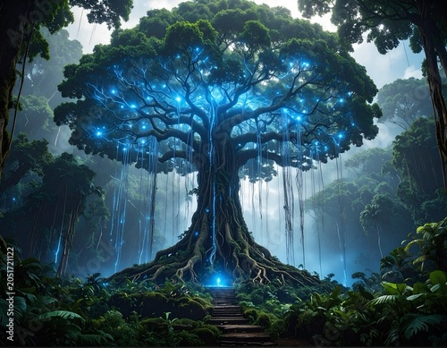 Fantasy tree with lightning in the forest. 3D rendering.
Ancient trees emit a blue light, creating a radiant network that connects the spirit of the trees to the surrounding ecosystem.