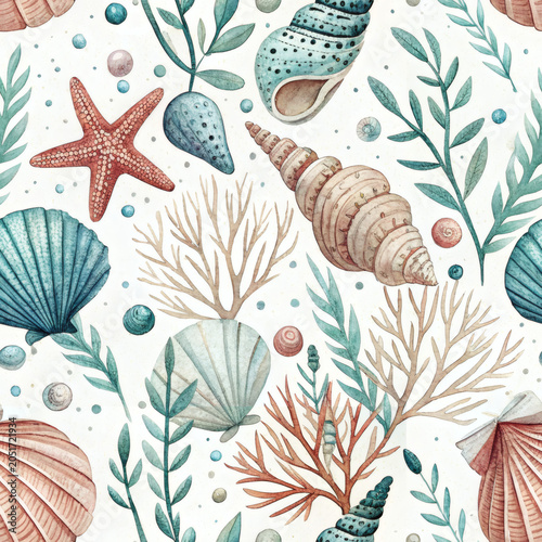 Watercolor Coastal Seashell and Sea Glass Seamless Pattern