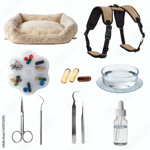 Senior Cat Care Kit and Wellness Accessories Isolated on White Background