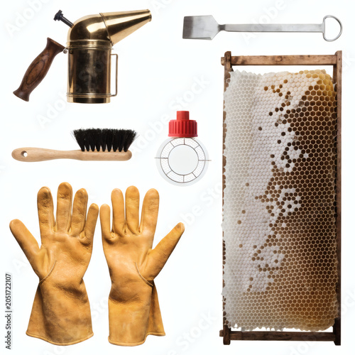 Professional Beekeeping Inspection Kit with Apiary Equipment Isolated on White Background