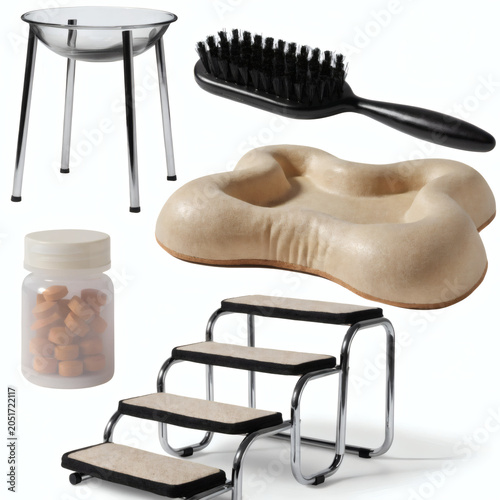 Senior Cat Care Kit and Wellness Accessories Isolated on White Background