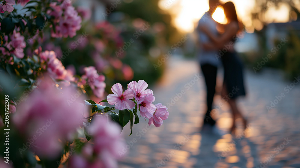Fototapeta premium Anonymous couple dancing tango in a cobblestone street surrounded by flowers at sunset, romantic outdoor cultural dance concept, faceless, defocused warm background, with copy