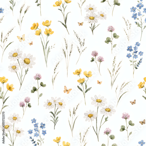 Watercolor Cottagecore Wildflower Meadow Seamless Pattern