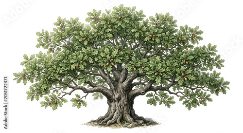Old oak tree with acorns and leaves illustration