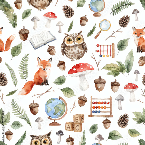 Watercolor Woodland Learning Objects Seamless Pattern