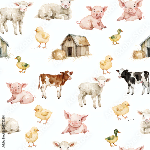 Watercolor Baby Farm Animals Seamless Pattern