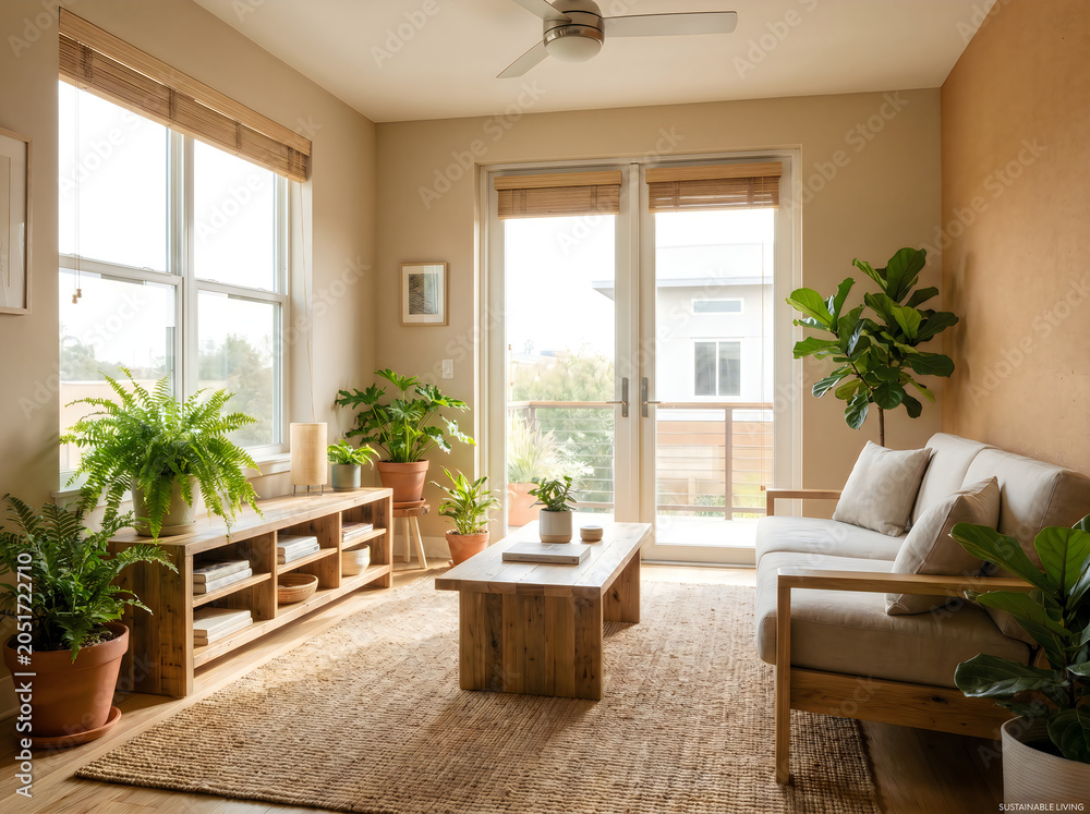 Fototapeta premium Cozy living room with plants and natural light