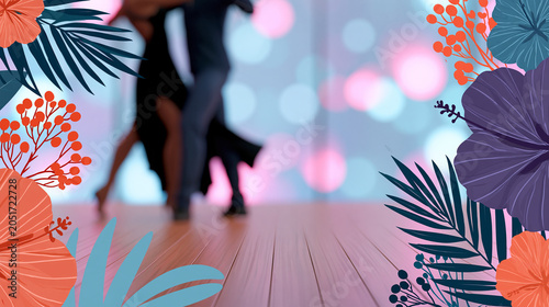 Vibrant illustration of an anonymous couple dancing tango on a wooden stage surrounded by floral motifs, International Dance Day celebration concept, defocused, with copy space
