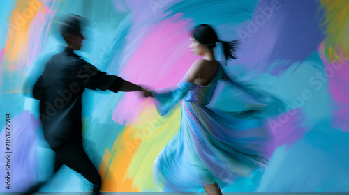 Anonymous couple dancing together against a colorful abstract painted background, expressive movement and artistic dance concept, faceless, defocused, with copy space