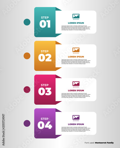 Modern infographic timeline template with four steps and colorful geometric ribbon banners for business presentation