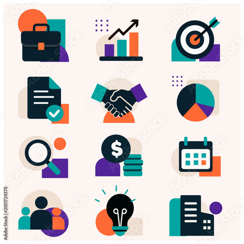 Business Icons Set, Corporate Management, Analytics, Marketing, Finance, Teamwork