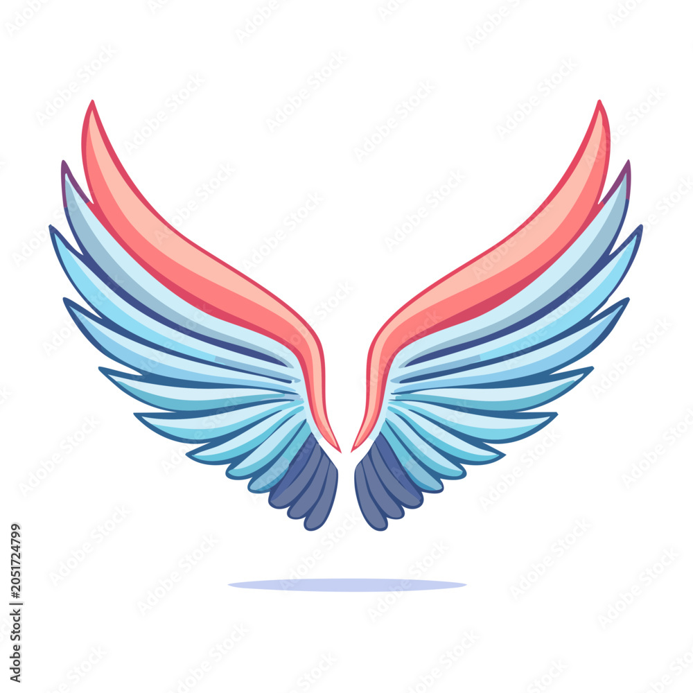 Fototapeta premium Stylized pair of wings with blue and pink feathers