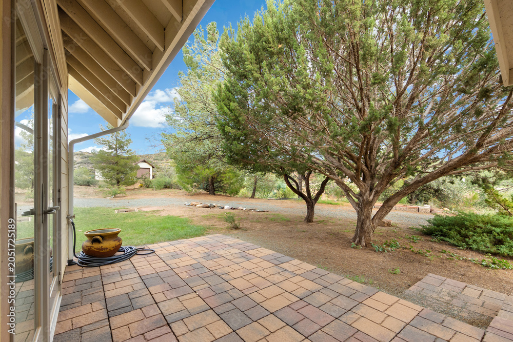 Fototapeta premium Patio with tiled surface and trees