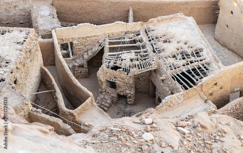 High angle view of ancient ruined mud and stone houses in Sakaka Al Jouf.
