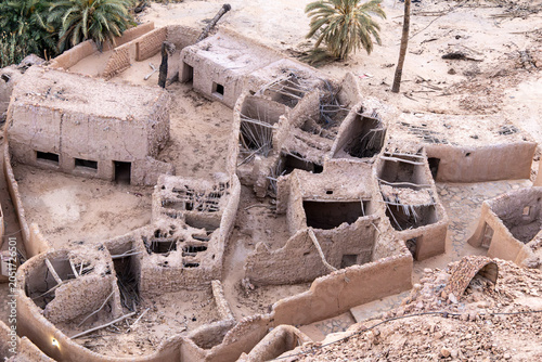 High angle view of ancient ruined mud and stone houses in Sakaka Al Jouf