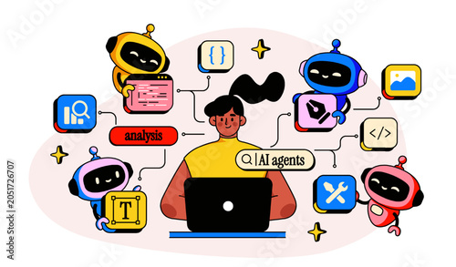 Characters using ai services for programming, vibe coding, application interface development. User at a laptop surrounded by robots, digital assistance and automation concepts. Vector illustration