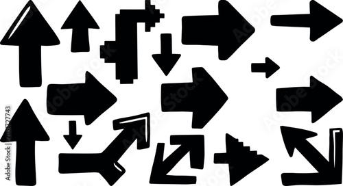 Schilderij op canvas Hand Drawn Black Arrow Silhouette Icon Set with Thick Pointer Symbols and Pixela