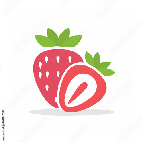 Flat design icon of a whole and a half strawberry