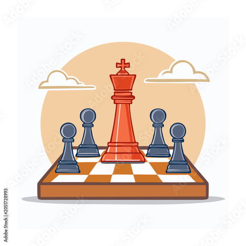 Flat design illustration of a chess king and pawns on a board