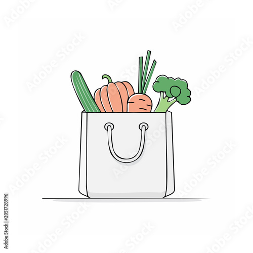 Flat design illustration of a grocery bag filled with fresh vegetables