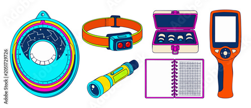 Fotografie Astronomy stargazing equipment vector set featuring a planisphere star chart hea