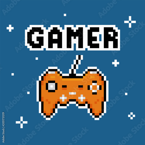 Video game controller, gamer pixel art illustration