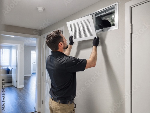 Technician installing residential ventilation cover on wall duct. HVAC worker maintaining air conditioning system in apartment. Professional service for climate control and home renovation.
