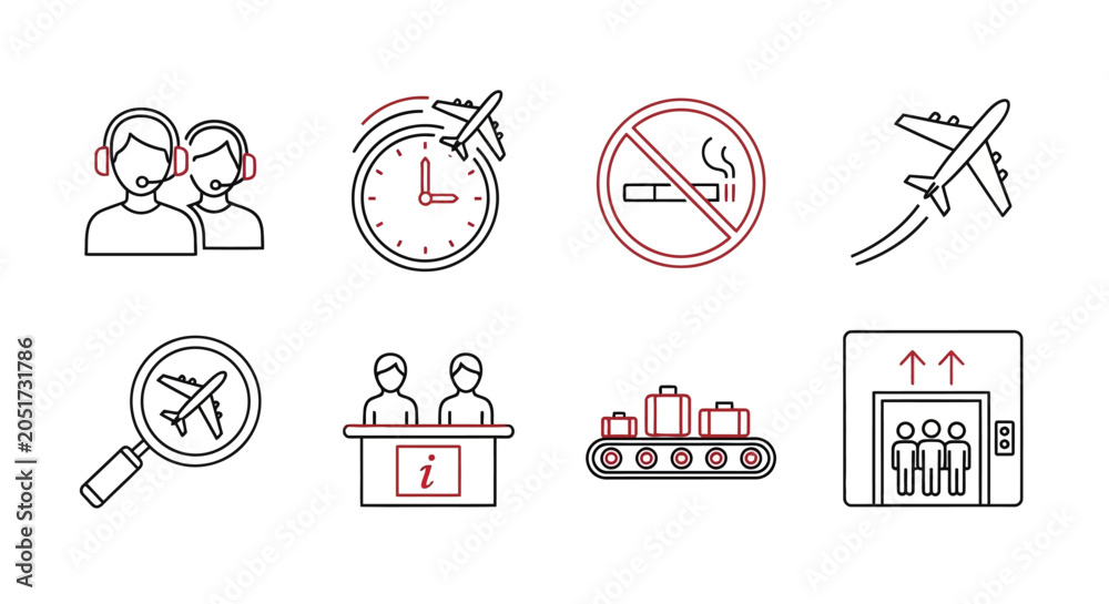 Fototapeta premium Air travel, transportation, icons set, 8 elements, line style, red accents, commercial use