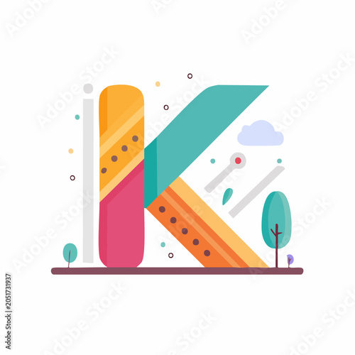 Stylized Letter K with Abstract Elements and Nature Motifs