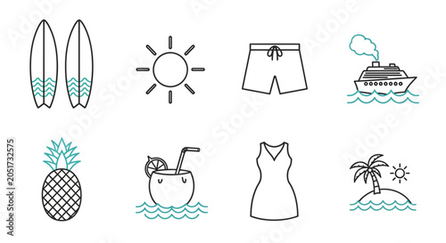 Fotografi Summer vacation icons, beach symbols, travel illustrations, tropical getaway gra