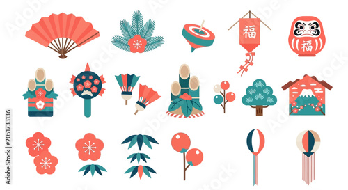 Bild auf Leinwand Japanese icons, traditional symbols, red blue illustrations, 20 vector graphics
