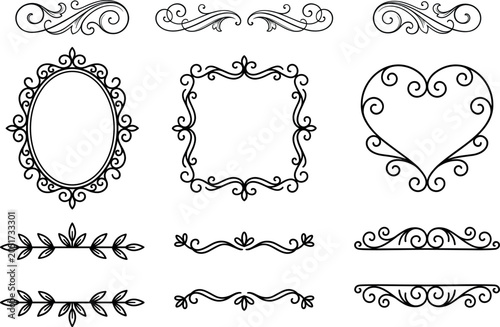 Elegant vintage ornamental borders and frames, decorative flourishes and dividers.