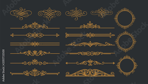 Professional set of gold linear text dividers ornamental frames and decorative flourishes.