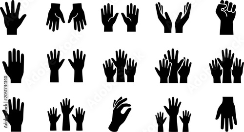 Raised hands silhouette icon set, flat black glyph style, pure white background