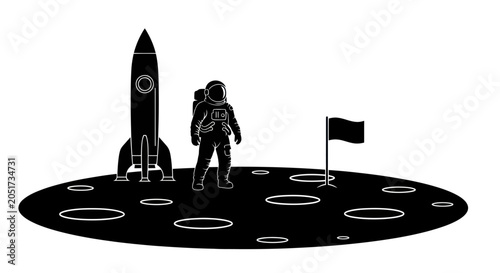 Foto Astronaut on Moon Surface with Rocket Ship and Flag Silhouette Vector Illustrati