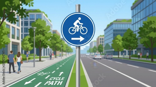 Cyclist path sign on urban city street with bike lane and pedestrians in daylight