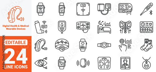 Foto Digital Health and Medical Wearable Devices Thin Line Icon Set