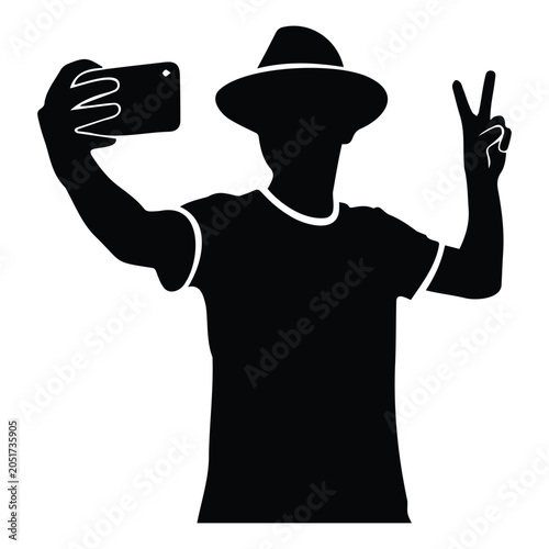 Man in hat taking selfie with peace sign and phone, vector illustration.