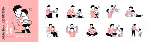 fathers day flat illustration set png with loving dad and son family moments parenting activities minimalist vector collection