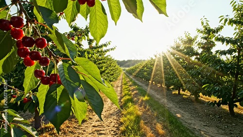 Sunny cherry orchard with sunbeams through the trees.