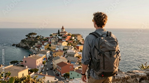 Solo traveler overlooking colorful coastal town at golden hour for slow travel inspiration